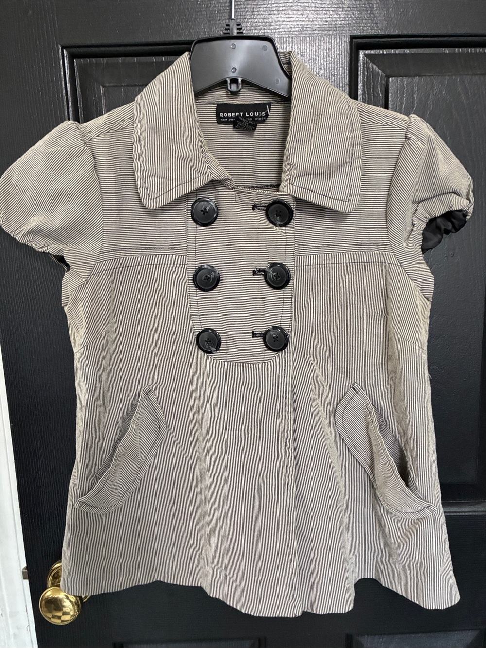 Robert Louis Short-Sleeve Double-Breasted Jacket in Taupe Stripe New